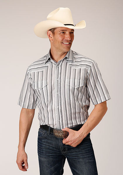 Roper Men Light Gray/Charcoal/White Stripe Short Sleeve