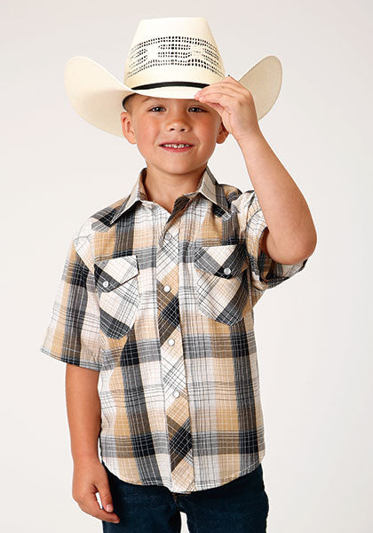 Roper Boys Snap Woven Black Khaki Plaid