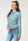 Roper Womens Allover Teal Paisley Print Snap Shirt