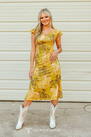 Horse Printed Ruffle Hem Maxi Dress