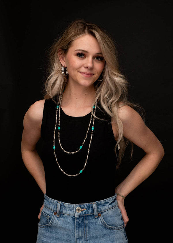 Silver Disc Bead Necklace w/Green Turquoise Beaded Accent