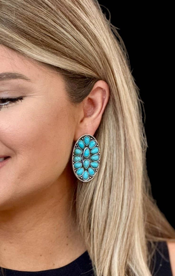 Turquoise Oval Cluster Post Earrings 1.75"