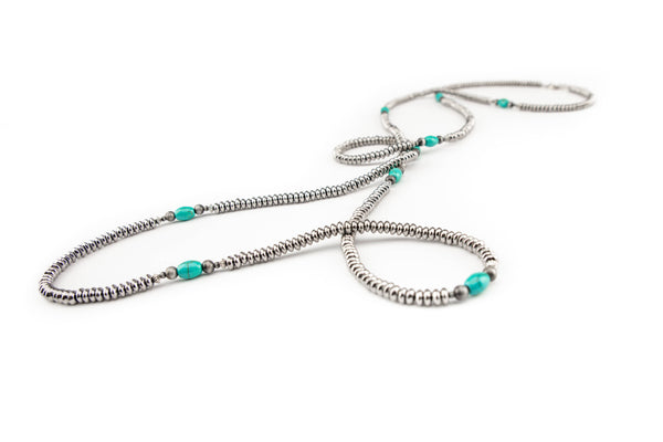 Silver Disc Bead Necklace w/Green Turquoise Beaded Accent