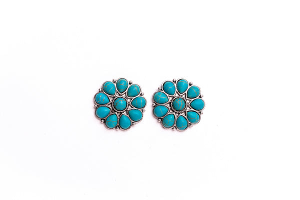 Burnished Silver and Turq Flower Stud Earring