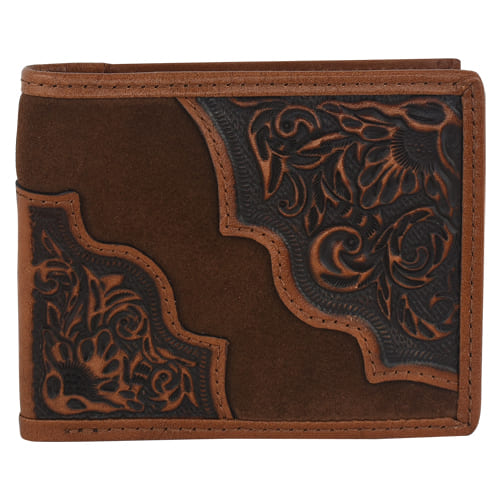 Tony Lama Mens Genuine Leather Wallet  - Large Bifold With Floral Tooling and Roughout