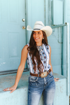 Ivory Turquoise Red Ribbed Printed Button Down Top