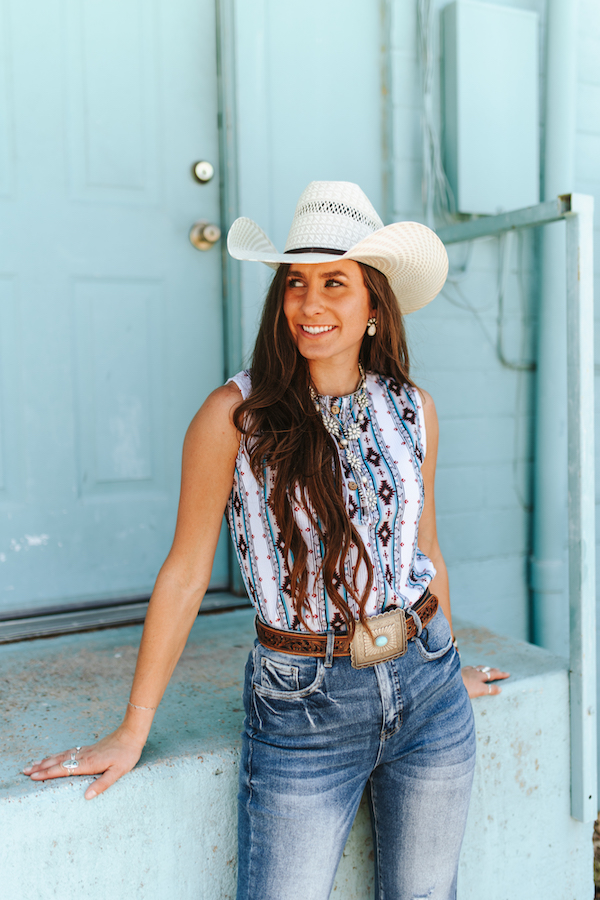 Ivory Turquoise Red Ribbed Printed Button Down Top
