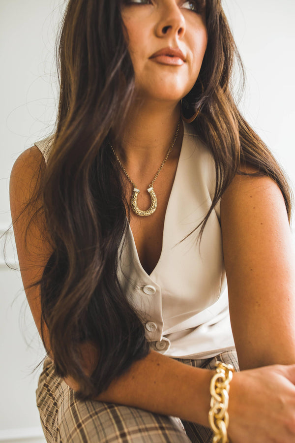 Gold Plated Horse Shoe Necklace with Rhinestone