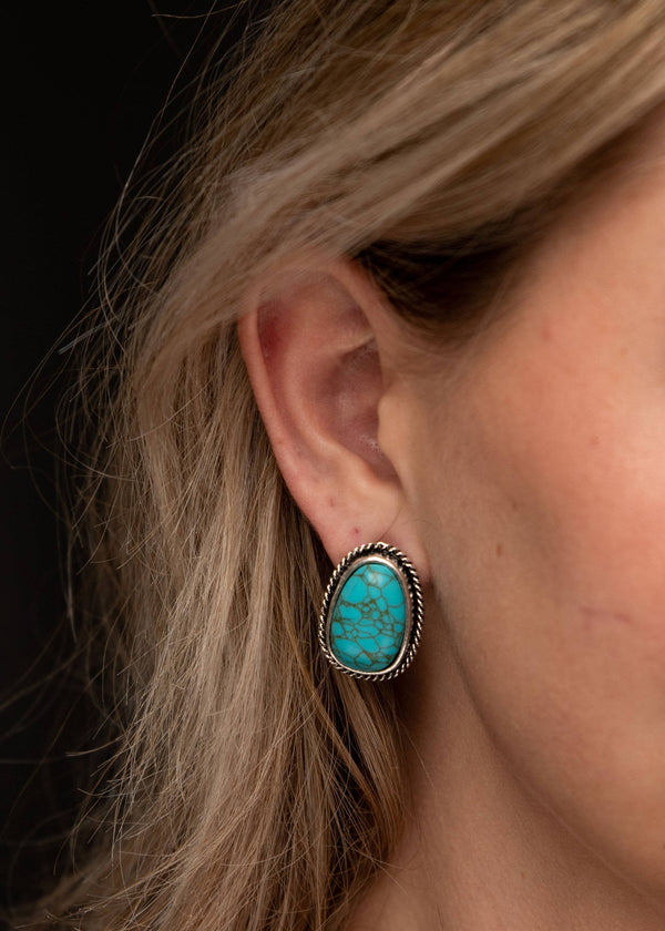 Turquoise Post Earring with Burnished Silver Rope Border