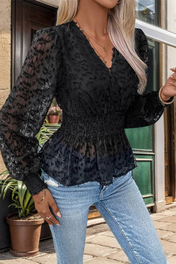Black Lace Mesh V Neck Top