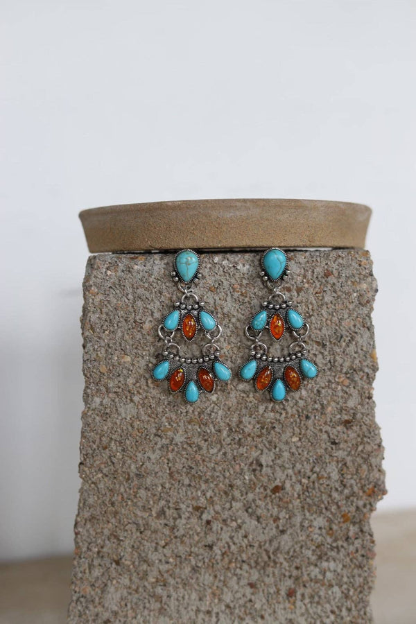 Turquoise and Orange Stone Chandelier Drop Earrings