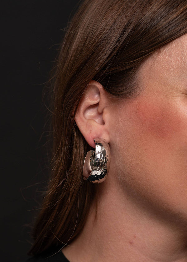 Silver Hammered Hoop Earring 1.25"