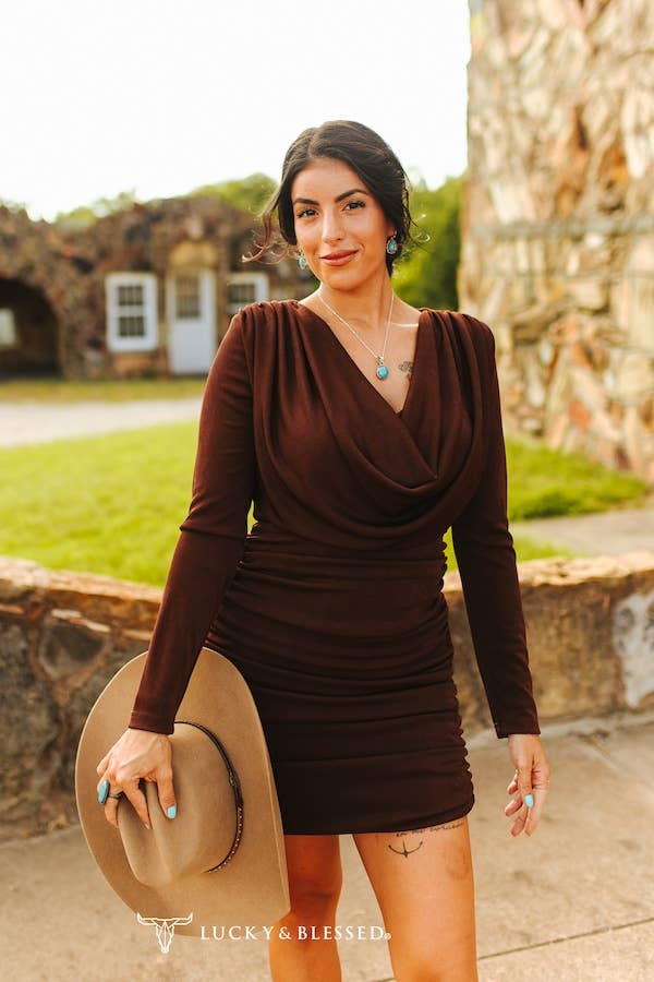 brown cowl neck dress Dark Brown Cowl Overlap Neckline Long Sleeve Dress – Broken horn