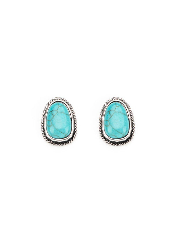 Turquoise Post Earring with Burnished Silver Rope Border