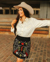 Black Stretch Suede Aztec Floral Embroidered Skirt