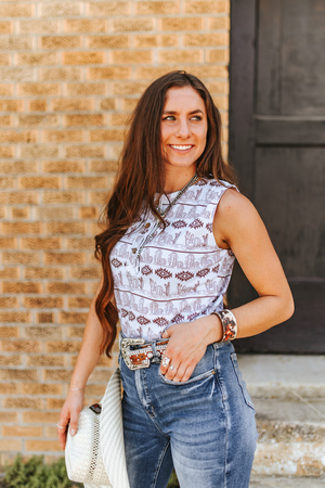 Ivory Cactus Ribbed Printed Button Down Top