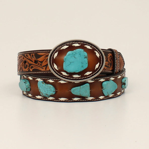 Angel Ranch Ladies Belt Sunflower Tabs Turquoise Stone Brown