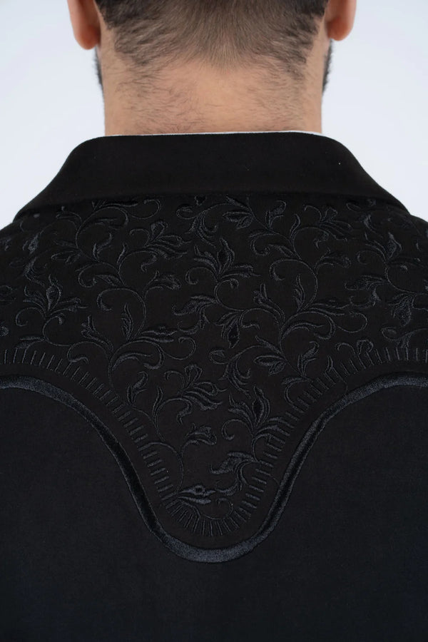 Platini Mens Black Embroidery Faux- Suede Blazer