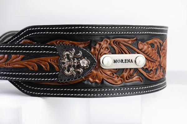 Cinturilla Floral Rosa Chedron Floral 3" Hebilla Negra/Plata Heradura