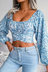 Lantern Sleeve Bow Floral Chiffon Crop Blouse Blue