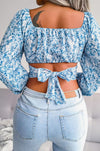 Lantern Sleeve Bow Floral Chiffon Crop Blouse Blue