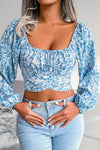 Lantern Sleeve Bow Floral Chiffon Crop Blouse Blue