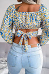 Lantern Sleeve Bow Floral Chiffon Crop Blouse White
