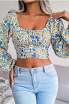 Lantern Sleeve Bow Floral Chiffon Crop Blouse White