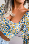 Lantern Sleeve Bow Floral Chiffon Crop Blouse White