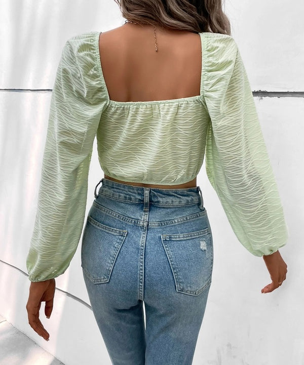 Light Green Puff Sleeve Corset Long Sleeve Crop Top