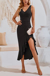 Plain V Neck Split Sleeveless Bodycon Dress
