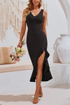 Plain V Neck Split Sleeveless Bodycon Dress