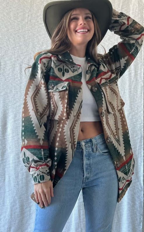 Aztec Print Western Vibe Oversized Button Down Olive