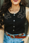 Black Boot Stitch Embroidered Studded Button Down Vest