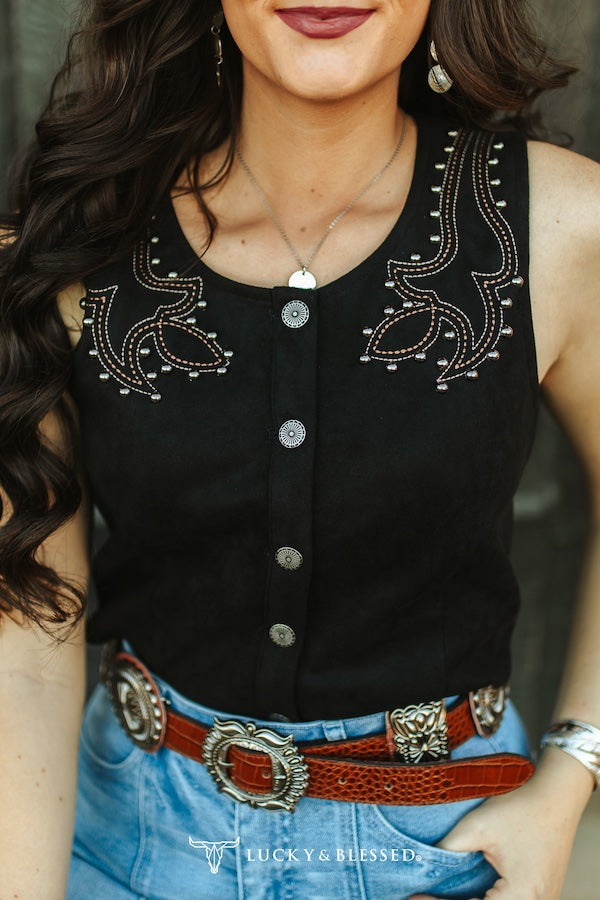 Black Boot Stitch Embroidered Studded Button Down Vest