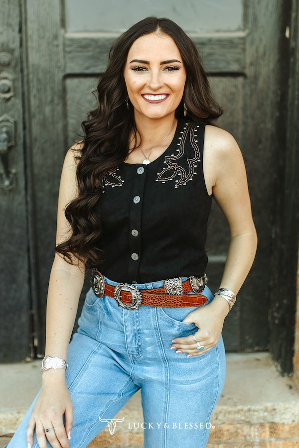Black Boot Stitch Embroidered Studded Button Down Vest