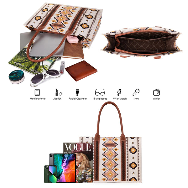 Wrangler Southwestern Pattern Dual Sided Print Canvas Wide Tote Coffee
