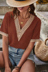 Plain V Neck Lace Edge Short Sleeves Top - Rust
