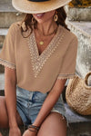 Plain V Neck Lace Edge Short Sleeves Top