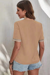 Plain V Neck Lace Edge Short Sleeves Top