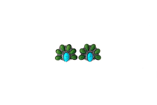 Turquoise and Green Half Flower Post Earring