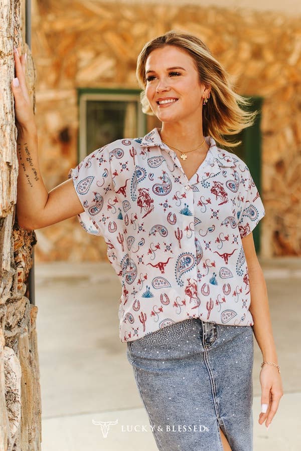 Western Ivory Paisley Button Down Collared Shirt - Plus