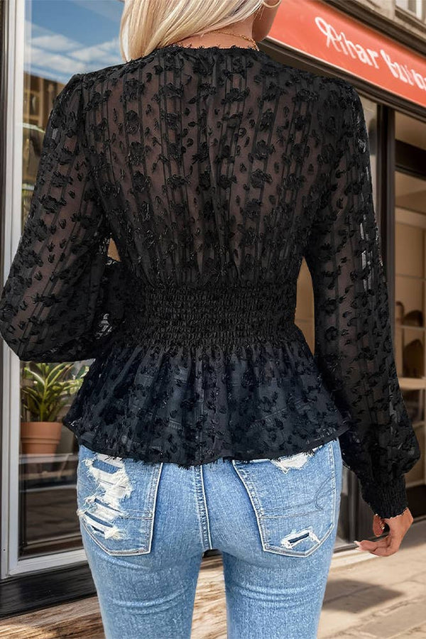 Black Lace Mesh V Neck Top