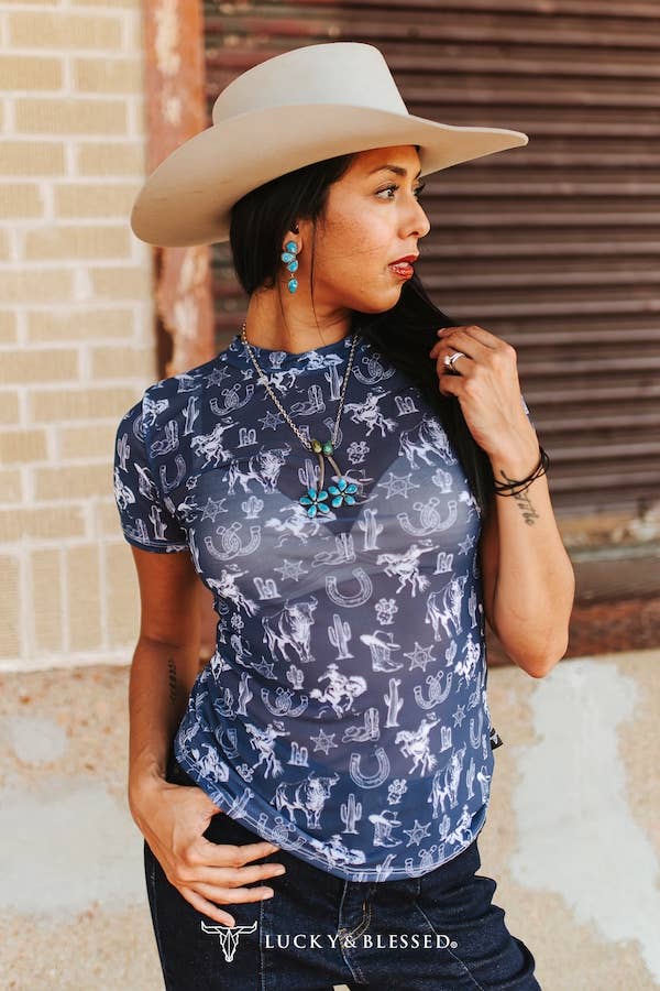 Western Print Short Sleeve Mesh Top - Plus