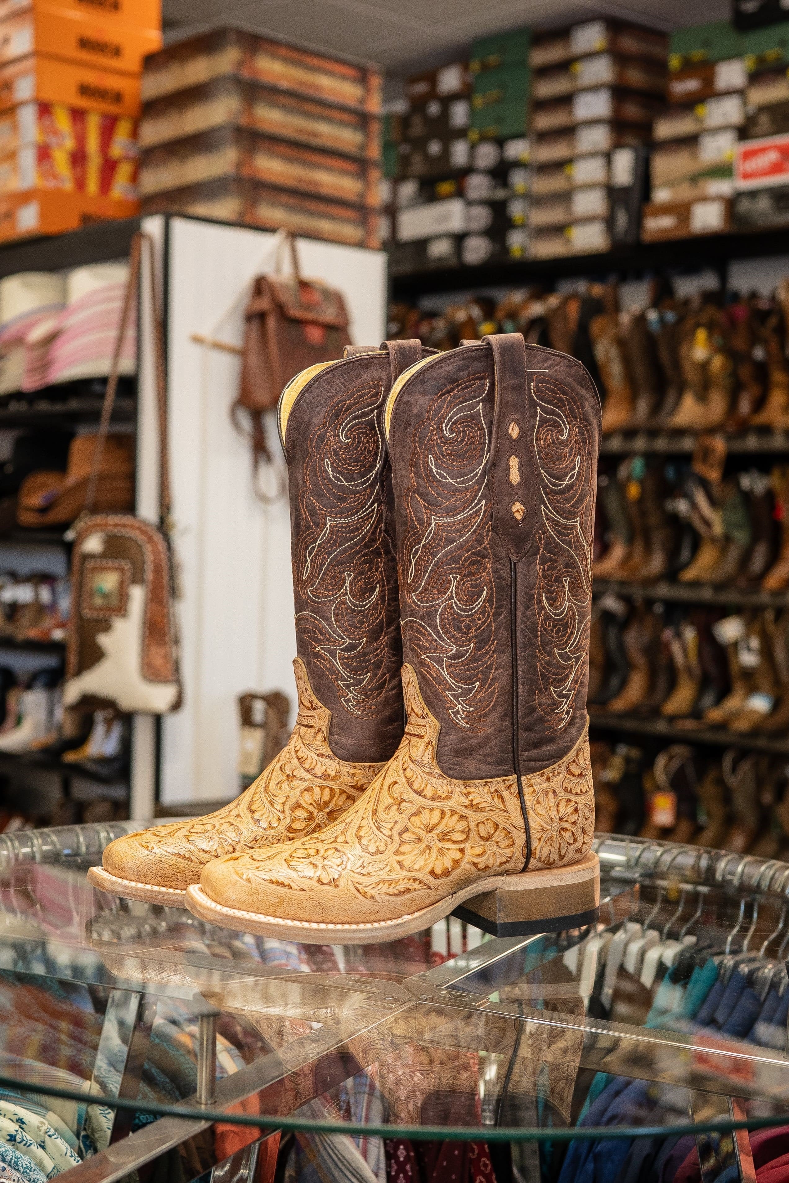 Cowtown Women's Oryx Floral Tooled Brown & Tan Square Toe Boots – Broken horn