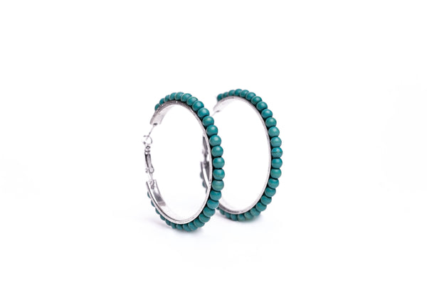 Worn Silver Turq Trimmed Hoop Earring