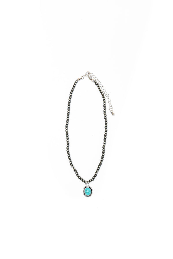 Dainty Faux Navajo Pearl Necklace With Oval Turquoise Pendant