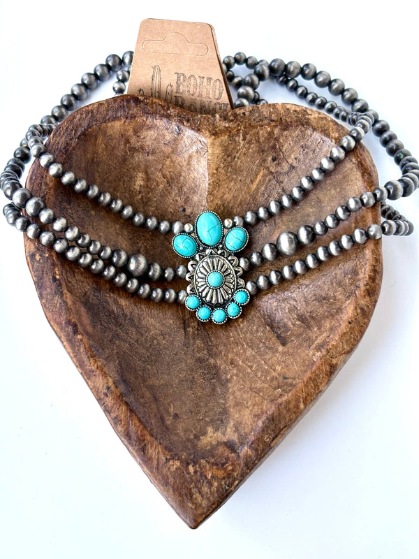 3 Layered Navajo Pearl Turquoise Stone Pendant Necklace