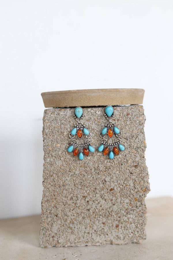Turquoise and Orange Stone Chandelier Drop Earrings