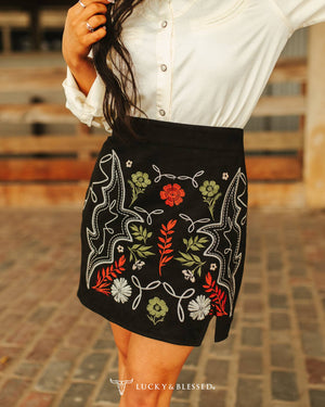 Black Stretch Suede Aztec Floral Embroidered Skirt